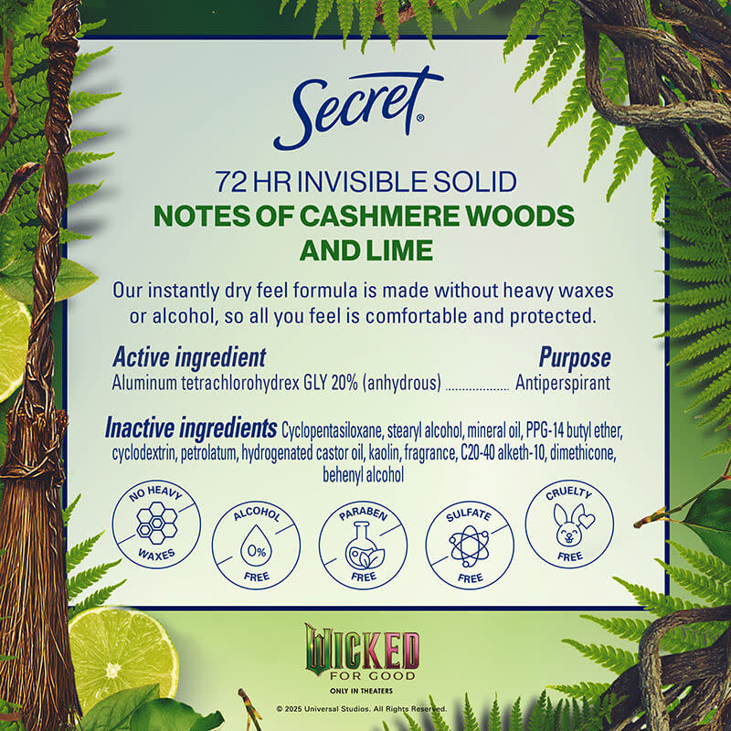 Secret antiperspirant packaging with cashmere woods and lime scent, highlighting its 72-hour protection, free from heavy waxes and alcohol