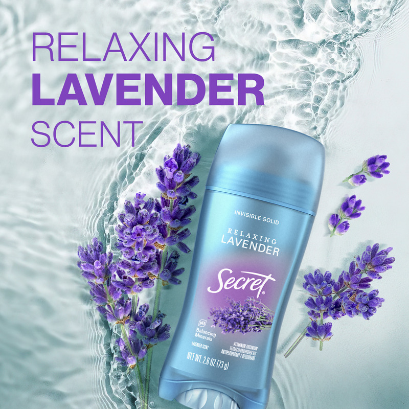 Secret relaxing lavander scented deodorant with a floral design, featuring a clear gel stick beside lavander branches and flowers wet background