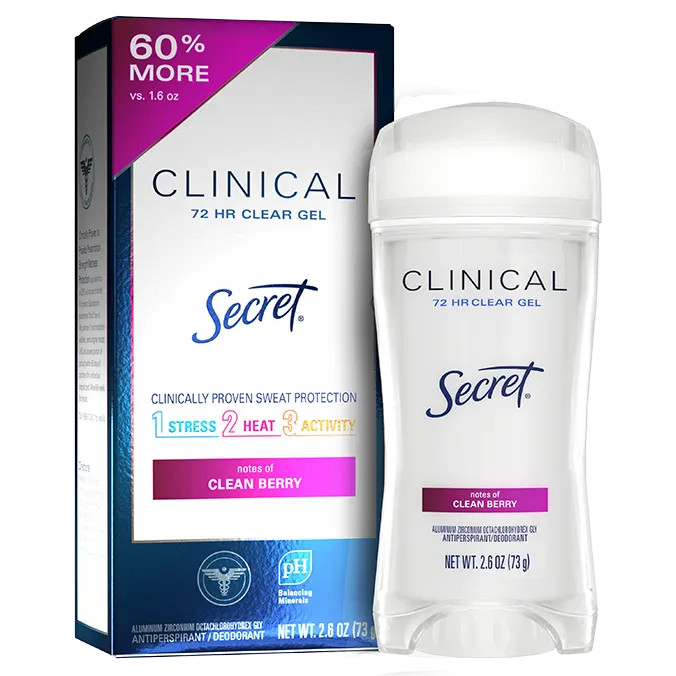 Secret Clinical, 72 hour sweat & odor protection clear gel, clean berry, 60% more packaging, 2.6 oZ
