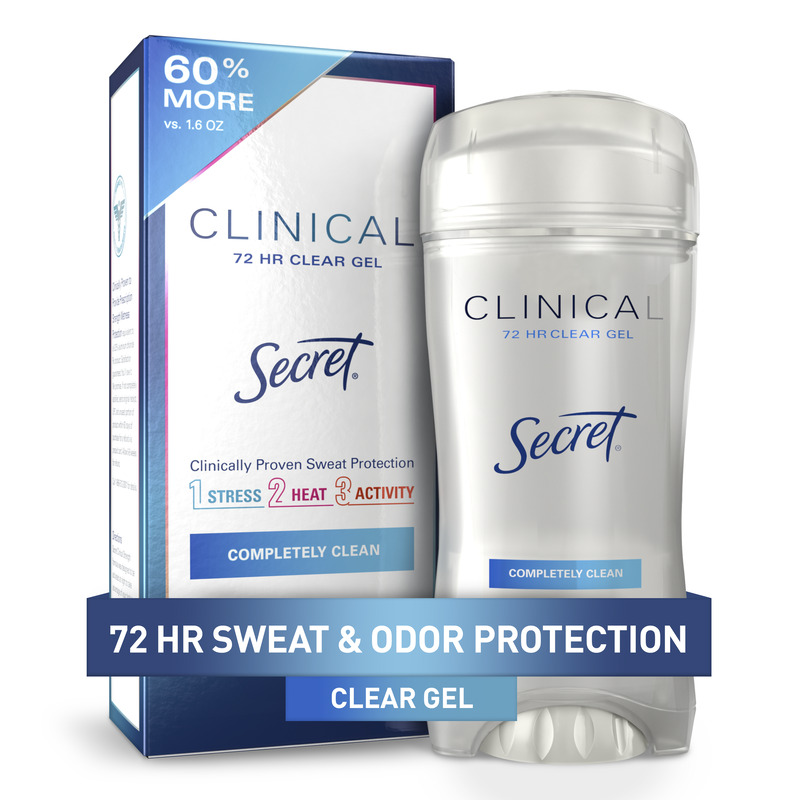 Clear gel Clinical deodorant by Secret that provides 72 hours of sweat and odor protection with a completely clean scent for daily freshness