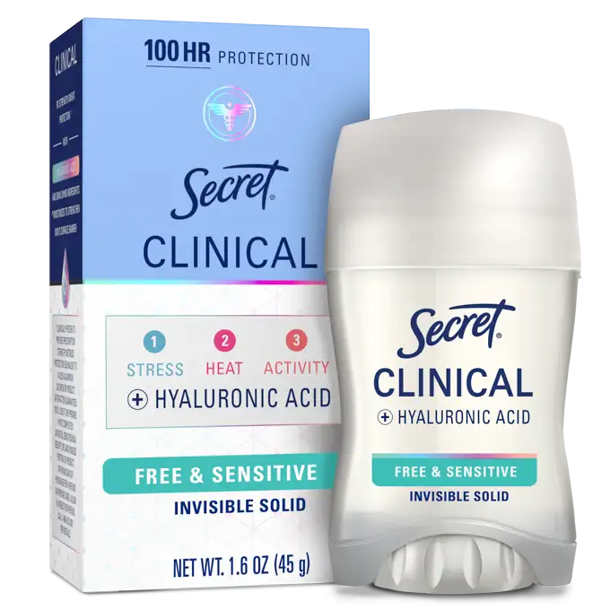 Clinical antiperspirant deodorant with hyaluronic acid for stress, heat, and activity, offering 100-hour protection in invisible solid form