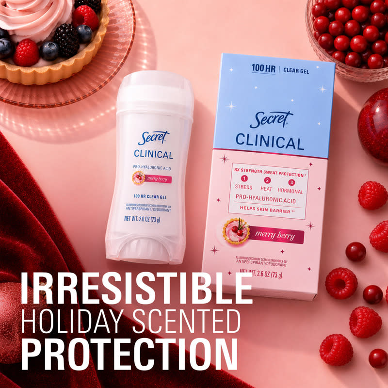 Secret Clinical antiperspirant and its packaging with festive holiday elements and berry accents