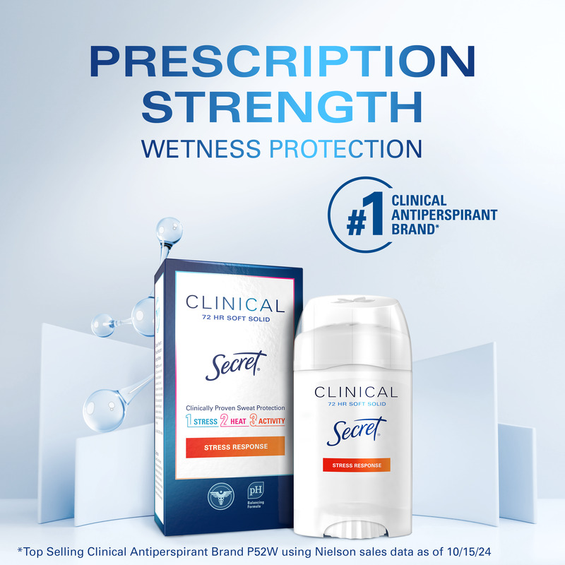 Secret Clinical strength antiperspirant, offering 72 hour sweat protection against stress, heat, and activity for all-day freshness