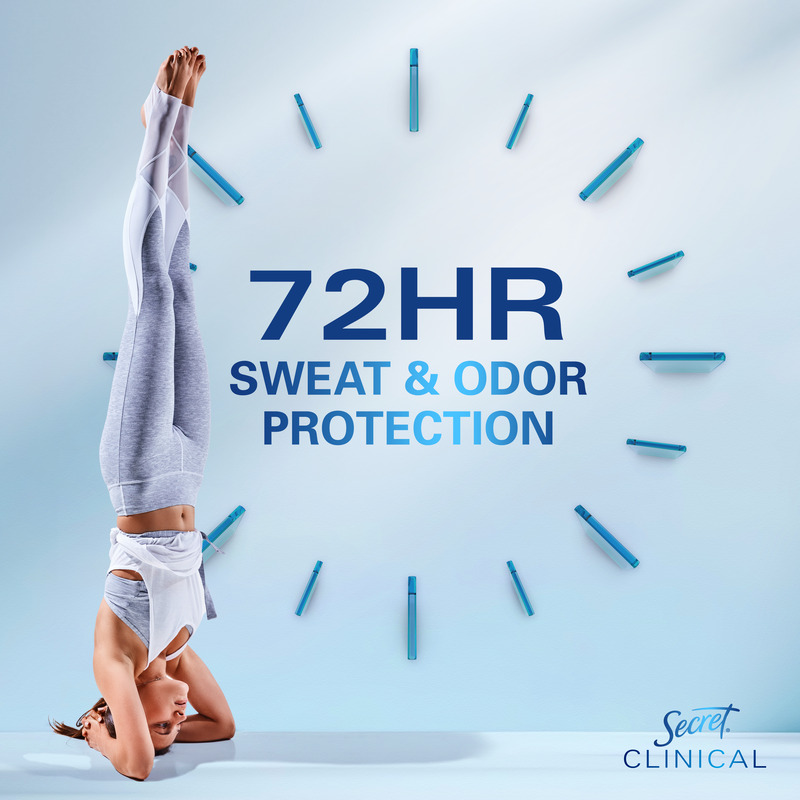 Woman in activewear performing a handstand with text promoting 72-hour sweat and odor protection on a light blue background