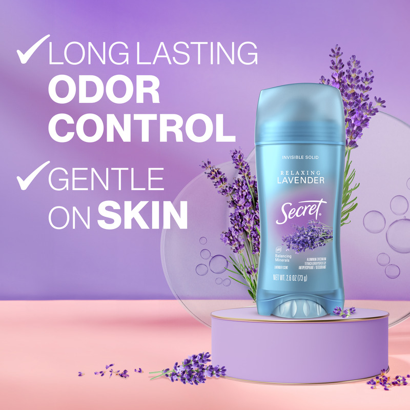 Secret clear gel deodorant with lavander scent, featuring long-lasting odor control and a formula that goes on clear against a pastel background