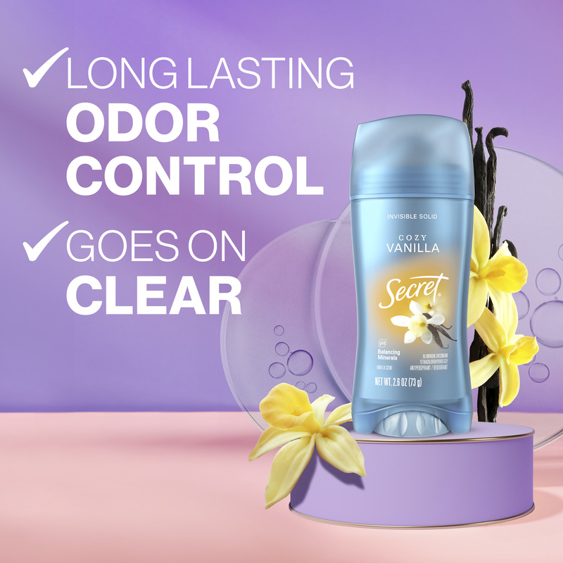 Secret deodorant stick featuring a pastel background, highlighting long-lasting odor control and clear application benefits with a floral design