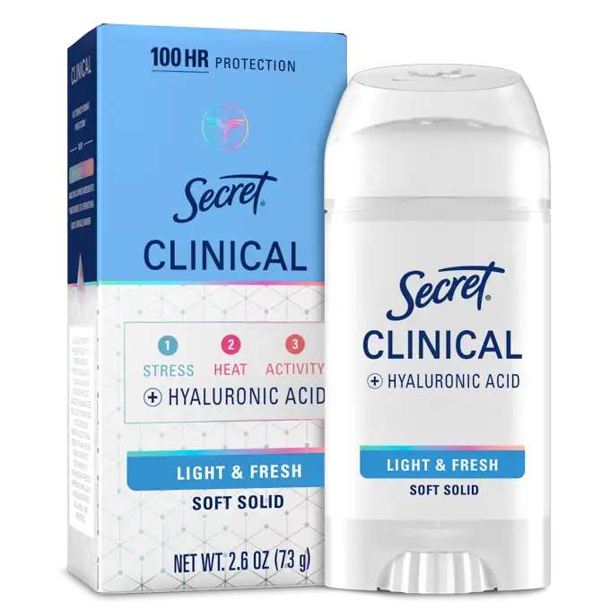 Clinical-strength Secret antiperspirant deodorant packaging with a soft solid stick design featuring a light and fresh scent