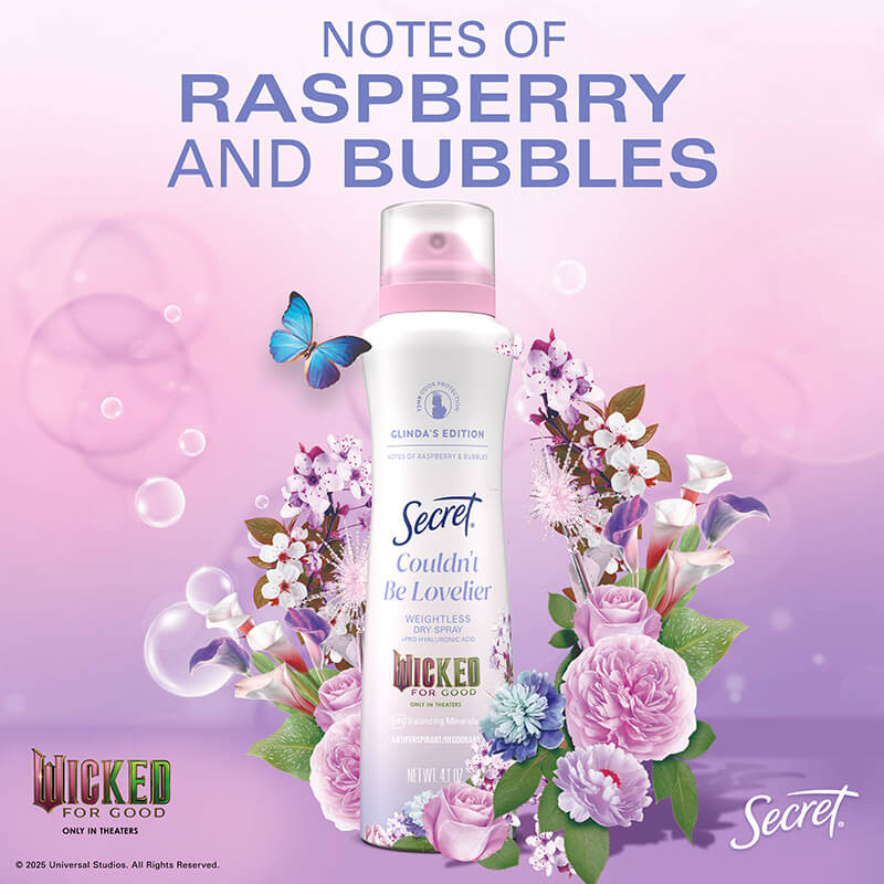 Secret Couldn't Be Lovelier Glinda's Edition deodorant featuring notes of raspberry and bubbles surrounded by colorful flowers and a butterfly