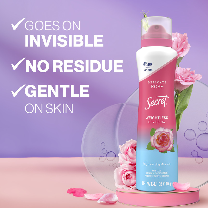 Secret Delicate rose weightless dry spray, displaying berries with text highlighting invisible feel, no residue, and gentle on skin