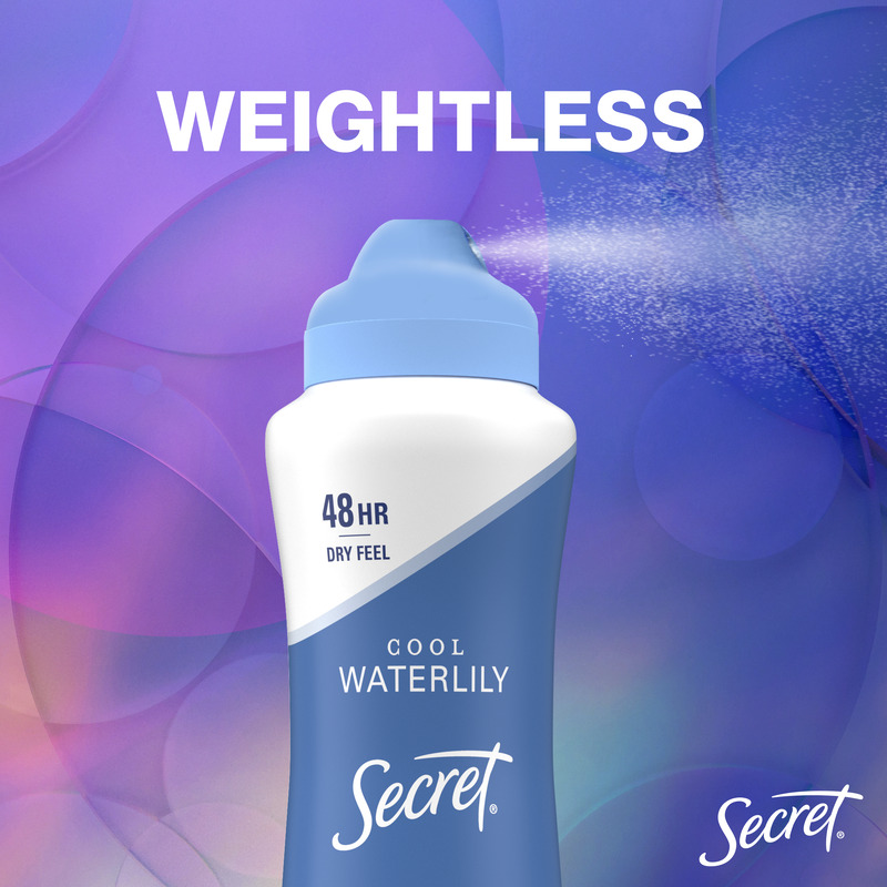 Cool waterlily deodorant by Secret with weightless formula for 48 hours of dry feel against a colorful background. Perfect for daily use