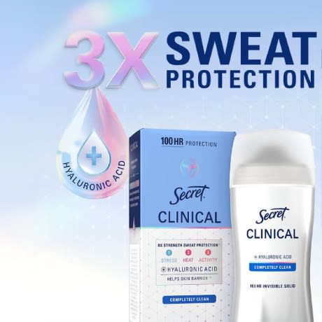 Secret Clinical deodorant packaging with claims of 3X sweat protection and hyaluronic acid for effective odor control and skin care
