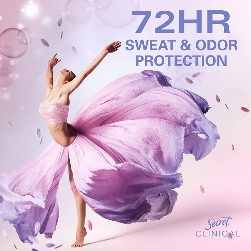 Woman in a flowing pink dress strikes a dynamic pose, showcasing vibrant energy with text promoting 72-hour sweat and odor protection