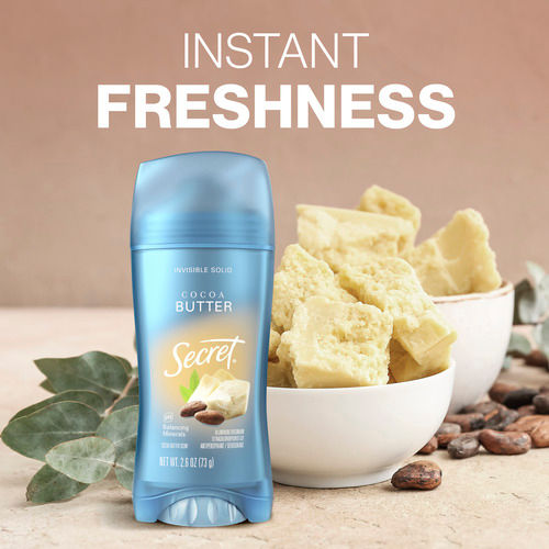 Cocoa butter Secret deodorant stick next to cocoa butter chunks in a bowl, emphasizing instant freshness with a natural look