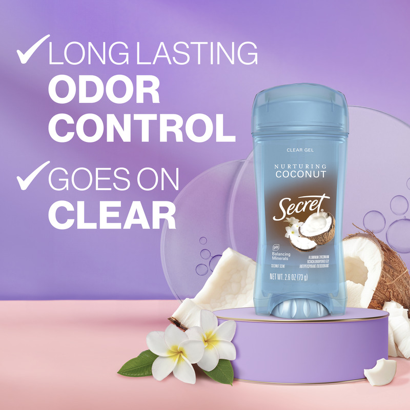 Long lasting odor control, goes on clear. Secret clear gel deodorant with nurturing coconut scent on a pastel background