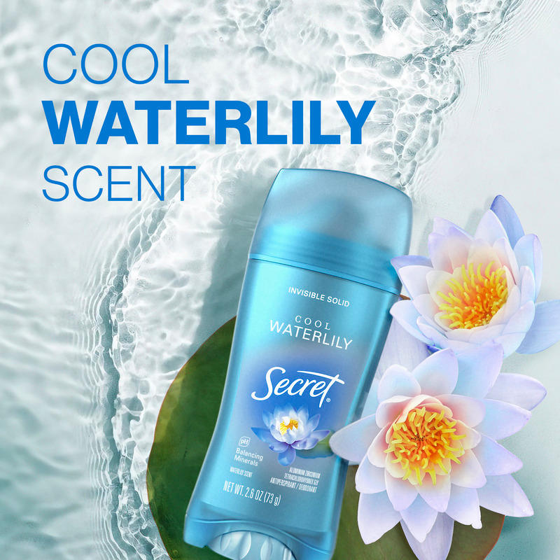 Secret Cool Waterlily scented deodorant stick displayed alongside water lilies, highlighting freshness and floral fragrance