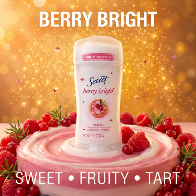Secret Berry Bright deodorant surrounded by berries on a frosted cake with sparkles in the background