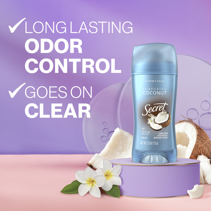 Long lasting odor control, goes on clear. Nurturing Coconut Secret deodorant stick, displayed on a pastel background with coconut and floral accents