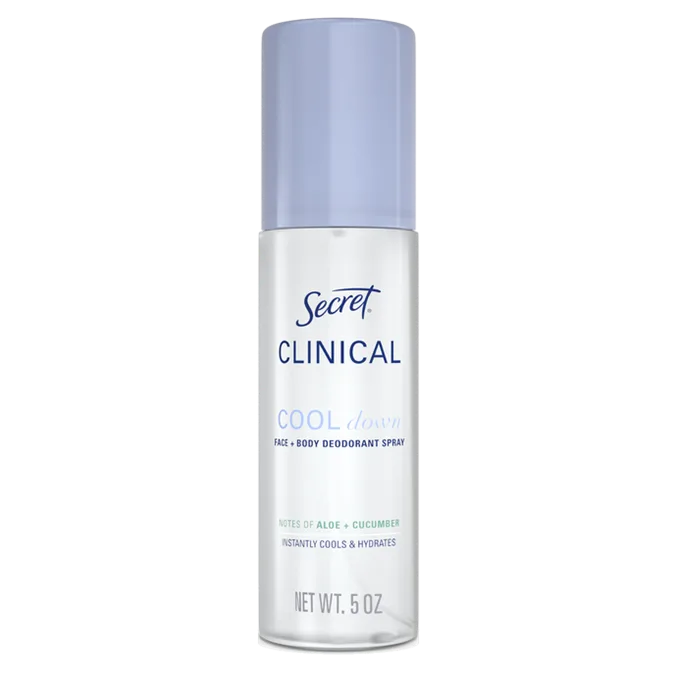 Clinical Cool Down deodorant spray by Secret features aloe and cucumber for instant cooling and hydration, enhancing your freshness throughout the day.