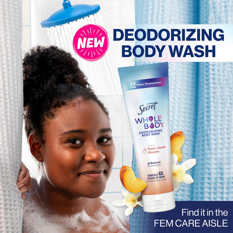 New Secret Whole Body Deodorizing Body Wash with peach and vanilla blossom, featuring a young woman in a shower
