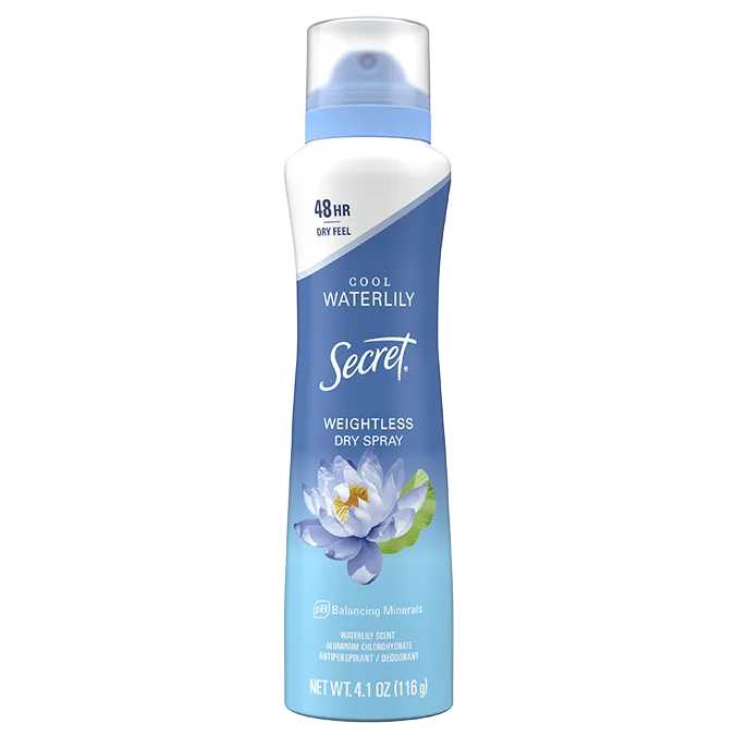 Secret, cool waterlily, weightless, dry spray packaging, 4.1 oZ
