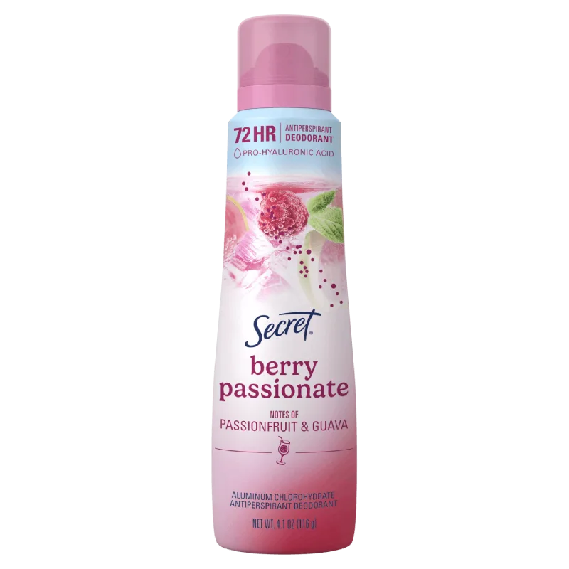 Secret Berry Passionate Deodorant featuring passionfruit and guava scent and 72-hour protection in a 4.1 oz bottle