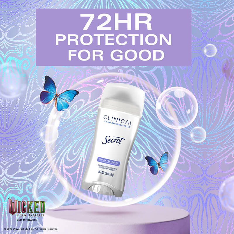 Clinical sweat protection deodorant by Secret displayed with butterflies and blossoms on a pink background.