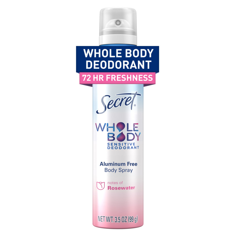 Whole body deodorant, 72 hour freshness, Secret aluminum free body spray, rosewater scent, packaging, 3.5 oZ