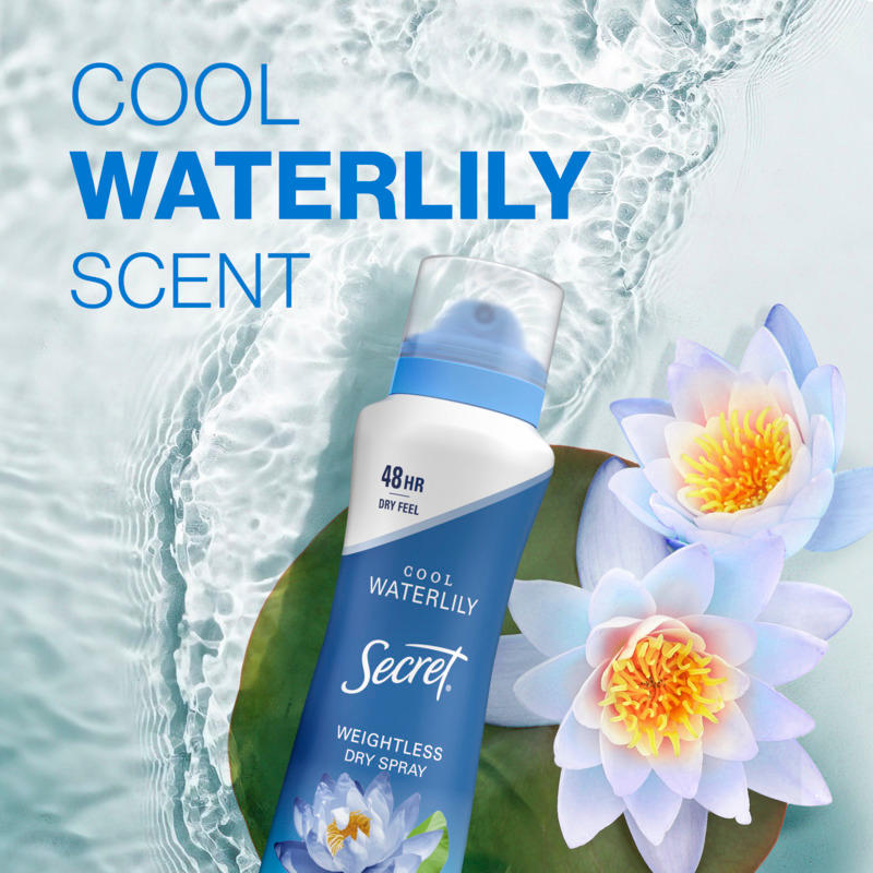 Cool Waterlily scent dry spray by Secret displayed on a lily pad with water lilies, emphasizing a refreshing and weightless fragrance experience
