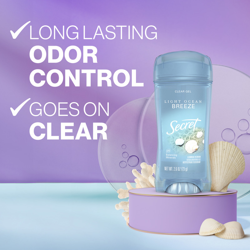 Secret clear gel deodorant featuring light ocean breeze scent, highlighting long-lasting odor control and clear application on a colorful background