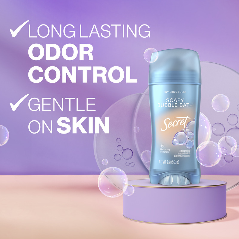 Long lasting odor control, gentle on skin. Product image of Secret deodorant stick showcasing long-lasting odor control and gentle on skin