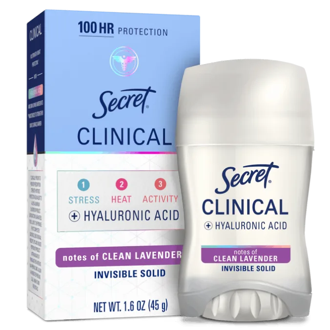Secret Clinical deodorant featuring clean lavender scent and hyaluronic acid for 100-hour protection against stress, heat, and activity