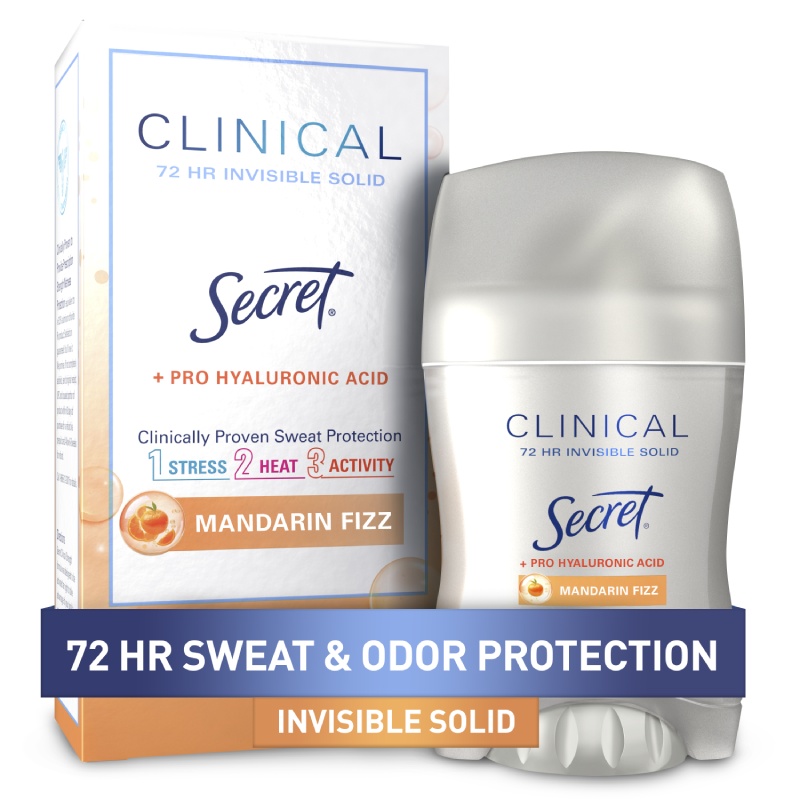 Secret Clinical invisible solid deodorant packaging, 72-hour sweat and odor protection in Mandarin Fizz scent, with pro hyaluronic acid