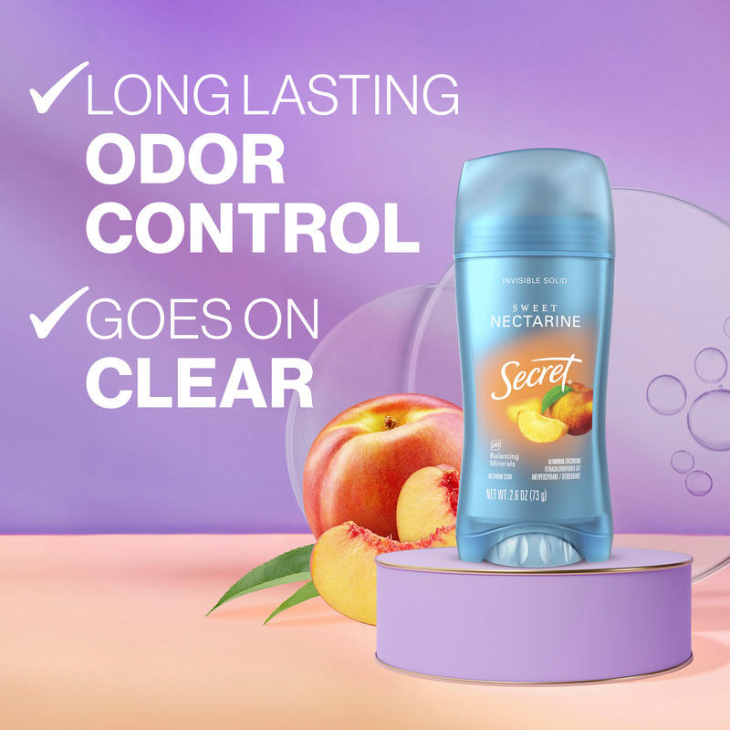Secret deodorant stick featuring Sweet Nectarine scent, highlighting long-lasting odor control and clear application against a vibrant background