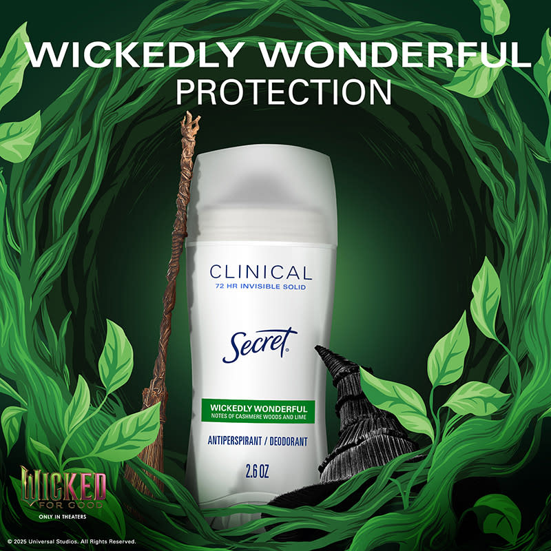 Secret Clinical Wickedly Wonderful antiperspirant on a forest background highlighting sweat protection and freshness 72-hour effectiveness