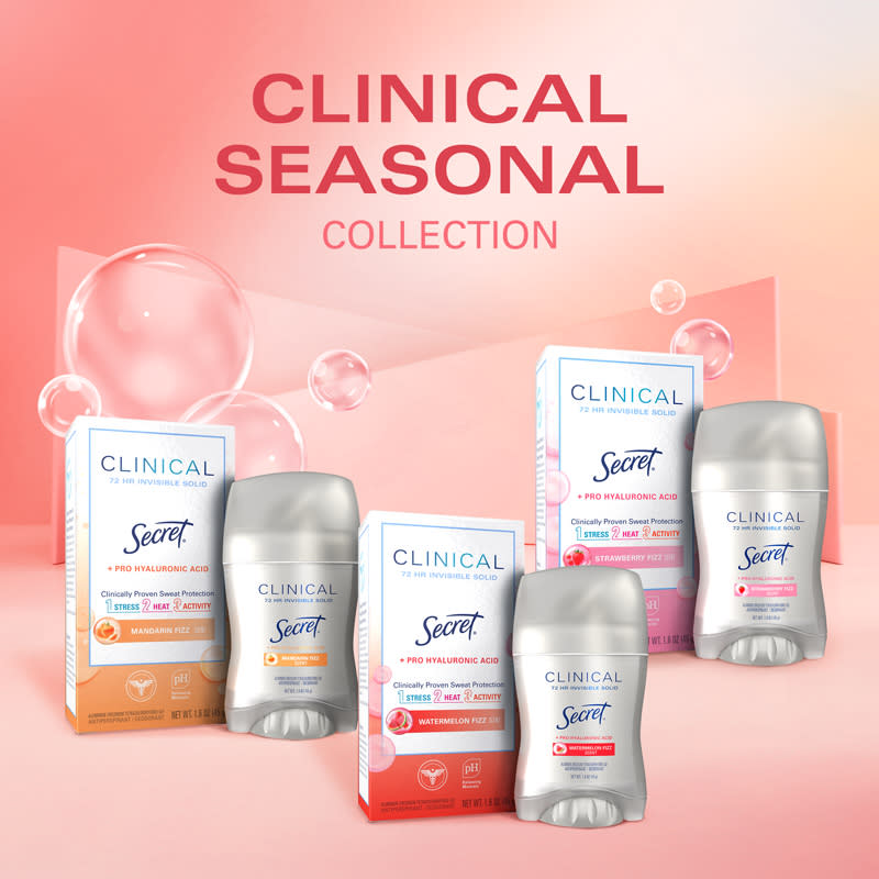 Clinical seasonal collection of Secret deodorants featuring various scents and packaging on a pastel background