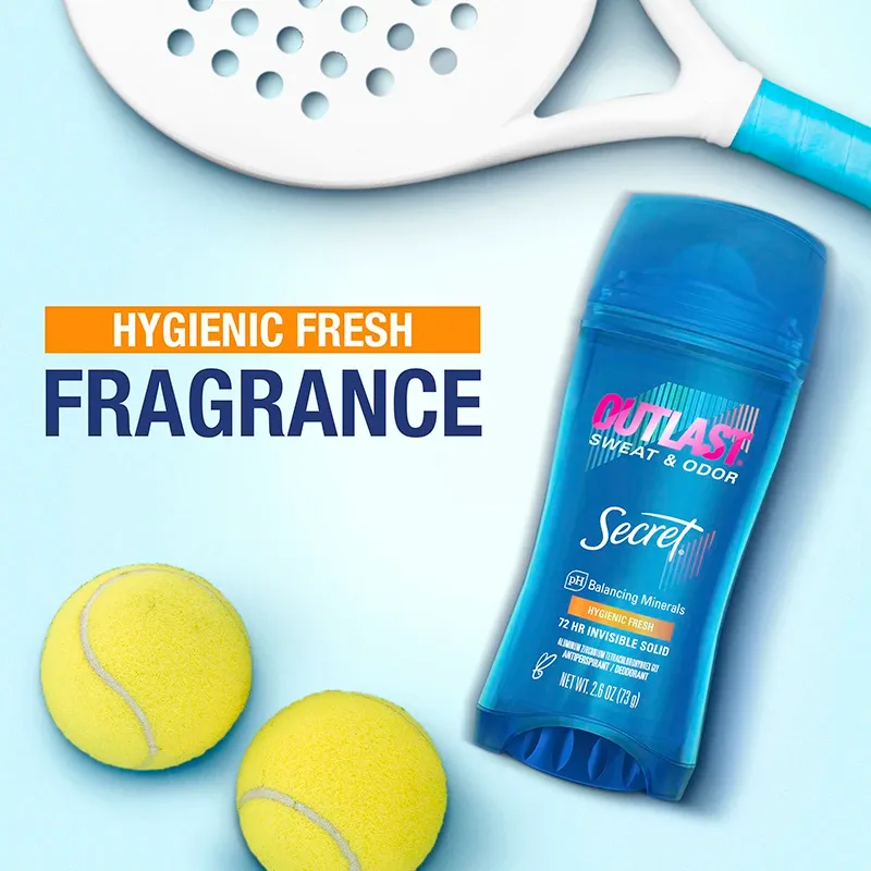 A tennis racket and a Invisible Solid Deodorant