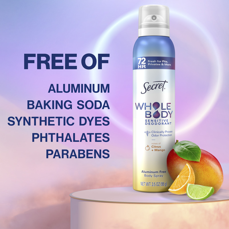 Secret Whole Body Sensitive Deodorant highlighted its free of aluminum, baking soda, synthetic dyes, phthalates, and parabens formula