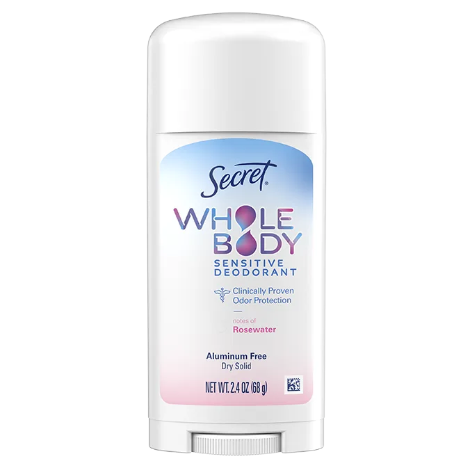 Whole body deodorant, 72 hour freshness, Secret Whole body dry solid, rosewater scent, packaging