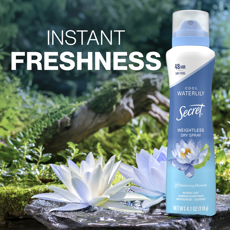 Weightless dry spray by Secret with waterlily scent, providing 48-hour freshness and designed for a dry feel in a natural setting with flowers