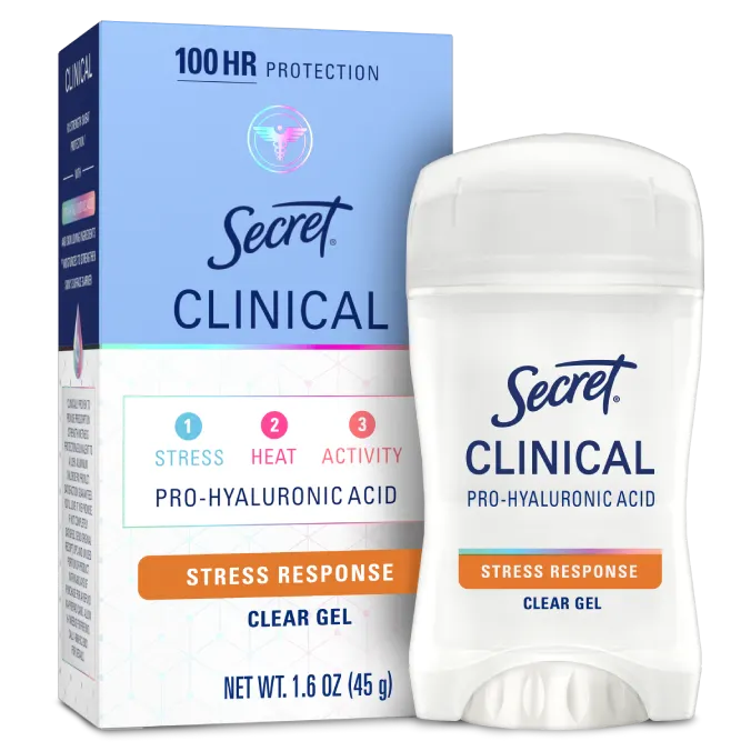 Secret Clinical 72 HR Clear Gel antiperspirant with stress response for reliable sweat protection