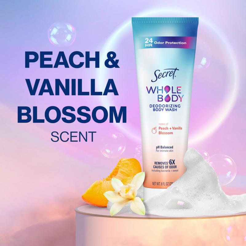 Secret Whole Body Deodorizing Body Wash in Peach and Vanilla Blossom scent with bubbles and flowers in the backgroun