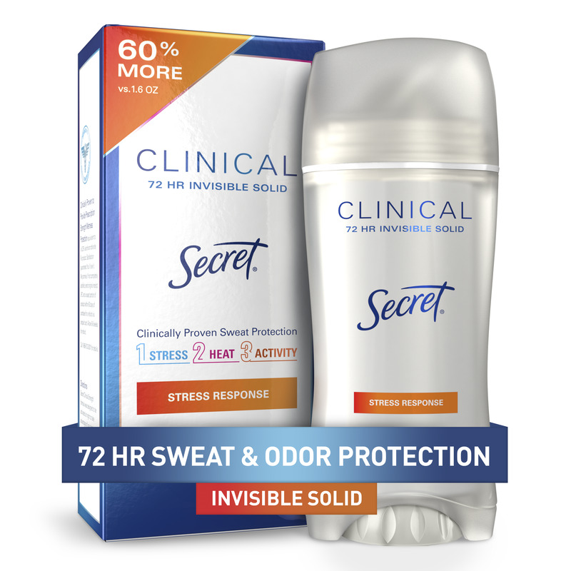 Clear gel Clinical deodorant by Secret that provides 72 hours of sweat and odor protection with a stress response scent for daily freshness