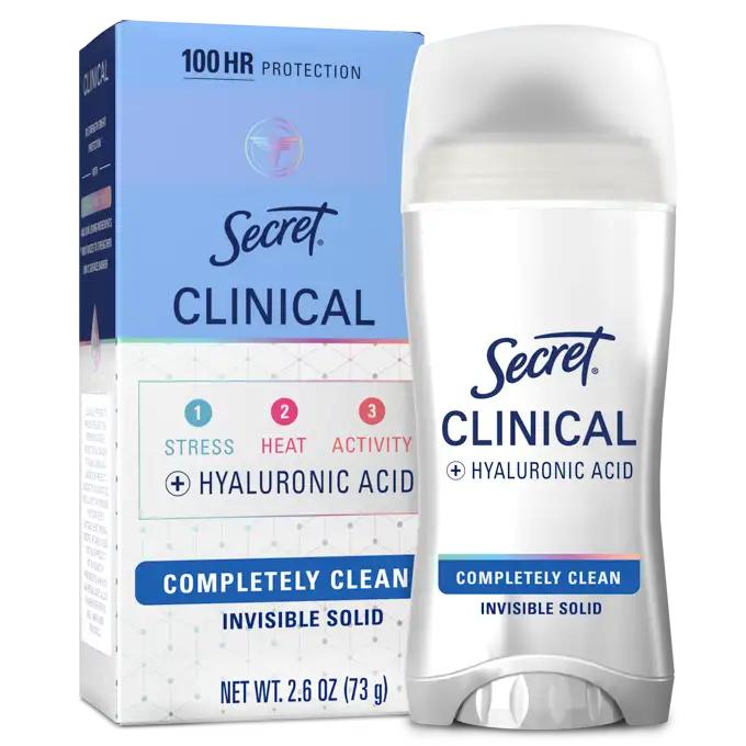 Secret Clinical deodorant featuring pro-hyaluronic acid, offering 100-hour protection designed for stress, heat, and activity underarm odor control