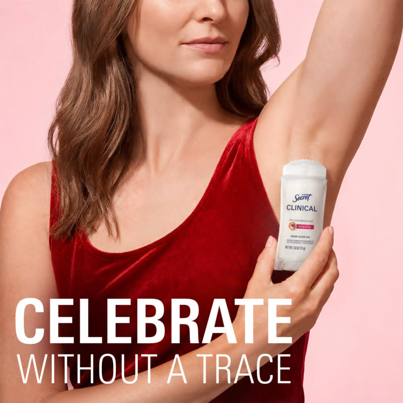 Woman showcasing Secret Clinical antiperspirant, promoting confidence and comfort for all-day freshness without residue