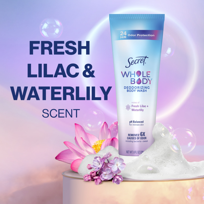 Body wash featuring fresh lilac and waterlily scent with floral accents and bubbles in a vibrant background