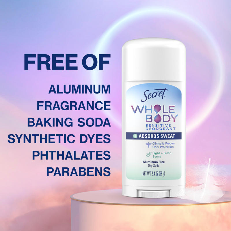 Whole body dry solid by Secret on a pastel design, highlighting its free of aluminum, baking soda, synthetic dyes, phthalates, and parabens formula