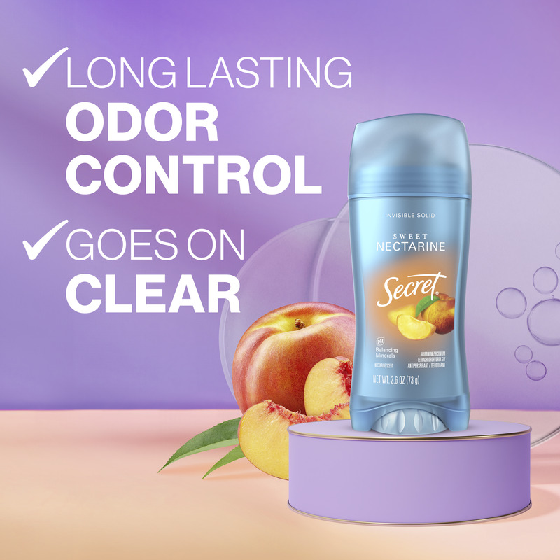 Secret deodorant stick featuring Sweet Nectarine scent, highlighting long-lasting odor control and clear application against a vibrant background