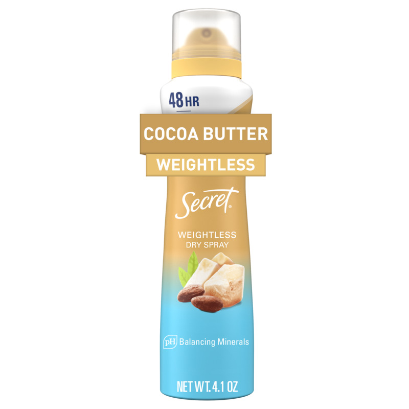 Secret, cocoa butter, weightless, dry spray packaging