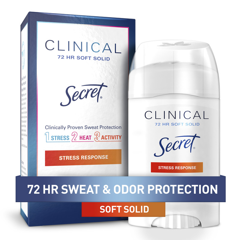 Clinical Secret deodorant package featuring a soft solid stick, highlighting 72-hour sweat and odor protection and stress response scent