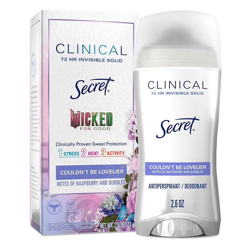 Secret Clinical 72 HR Invisible Solid deodorant, featuring raspberry and bubbles scent, with sweat protection for stress, heat, and activity